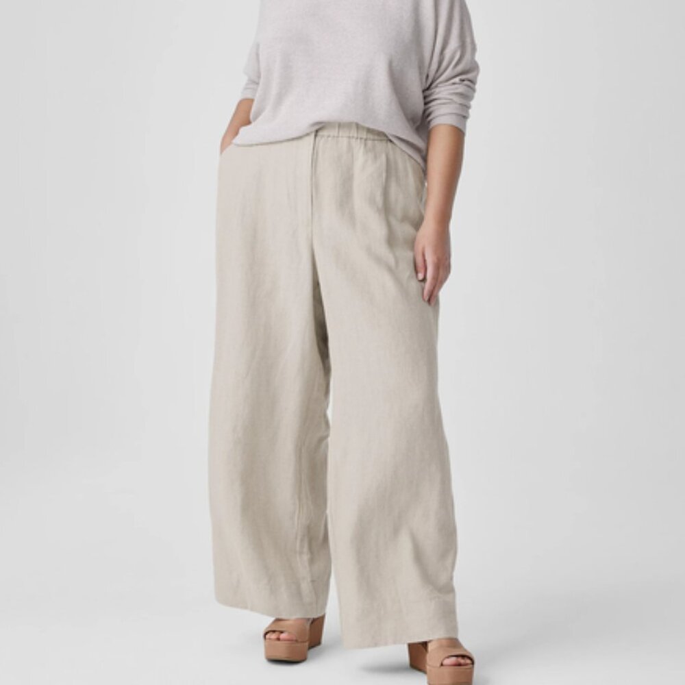 NWT Eileen Fisher UNDYED NATURAL Organic Linen Wide Plated F/L Pants